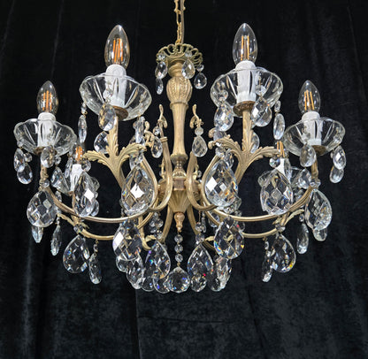 Elegant Vintage Italian 8 Arm Brass Crystal Leaf Chandelier Ceiling Light