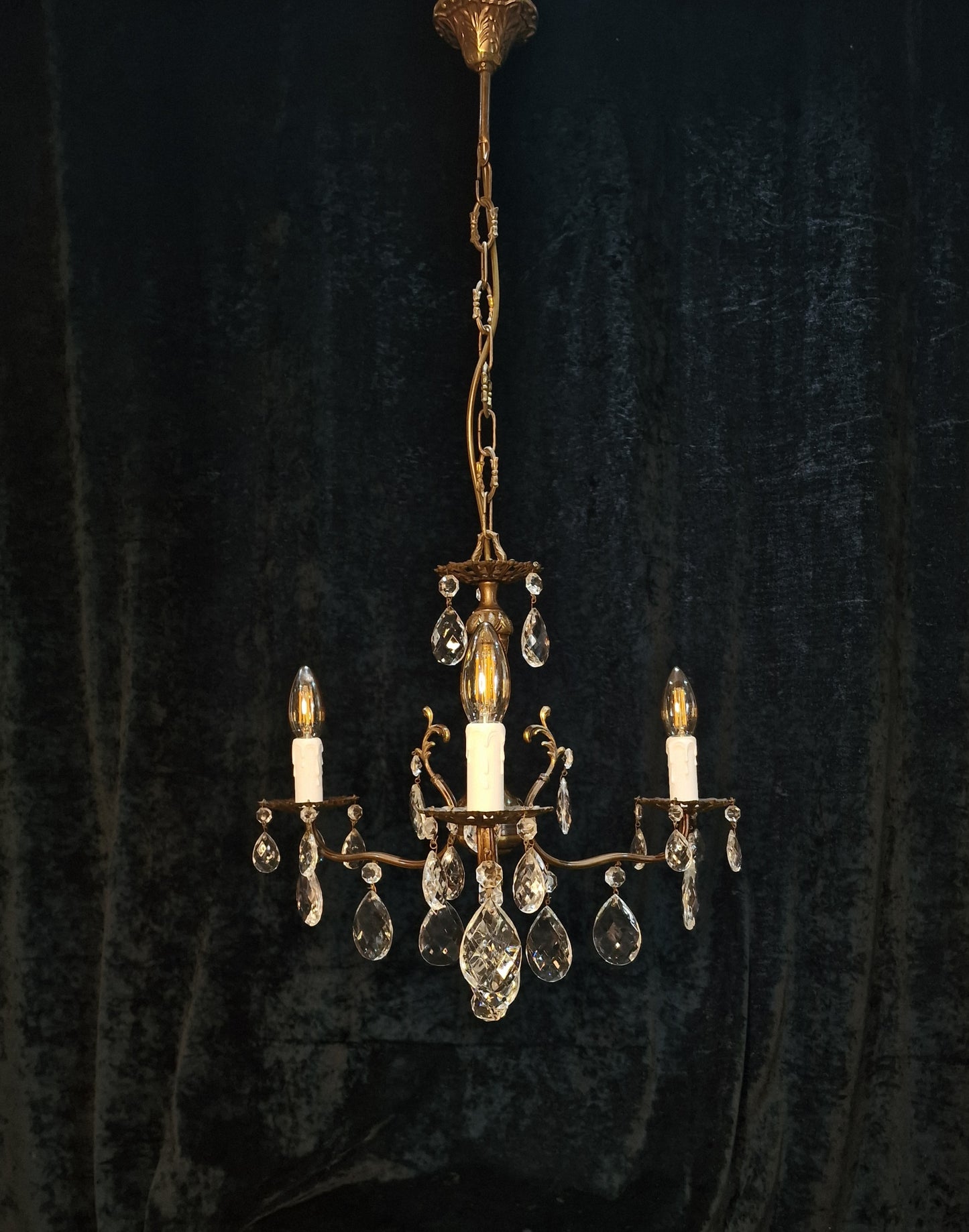 RESERVED Beautiful Vintage Italian 3 Arm Crystal Aged Brass Leaf Chandelier Ceiling Light