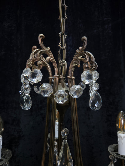 Beautiful Vintage Italian 5 Arm Brass Crystal Cage Chandelier Ceiling Light