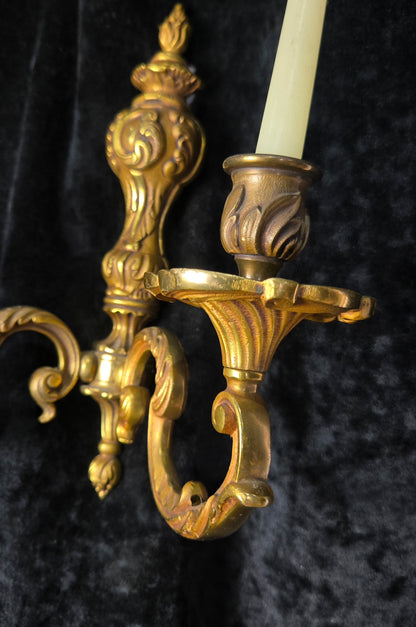 Fine Pair of Heavy Antique French Bronze Rococo Style Candle Wall Lights Sconces