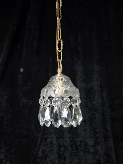 Beautiful Petite Cut Glass Crystal Antique Shade Brass Pendant Light Chandelier
