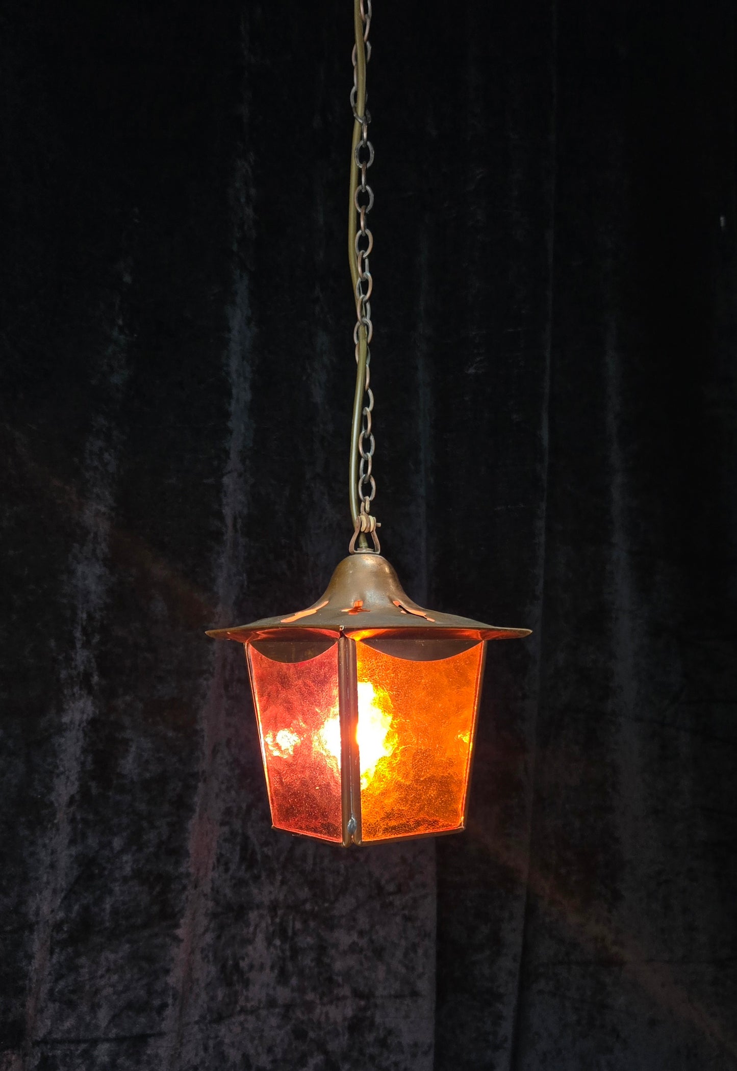 Lovely Vintage French Coloured Glass Copper Lantern Ceiling Light