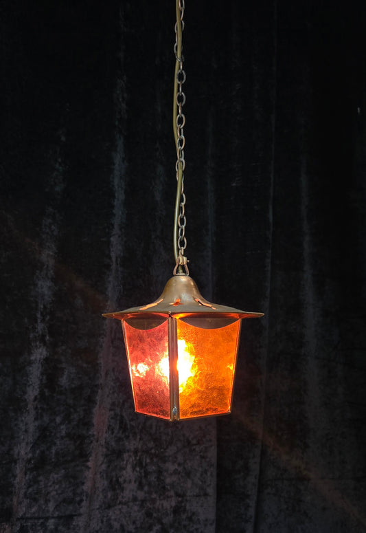 Lovely Vintage French Coloured Glass Copper Lantern Ceiling Light