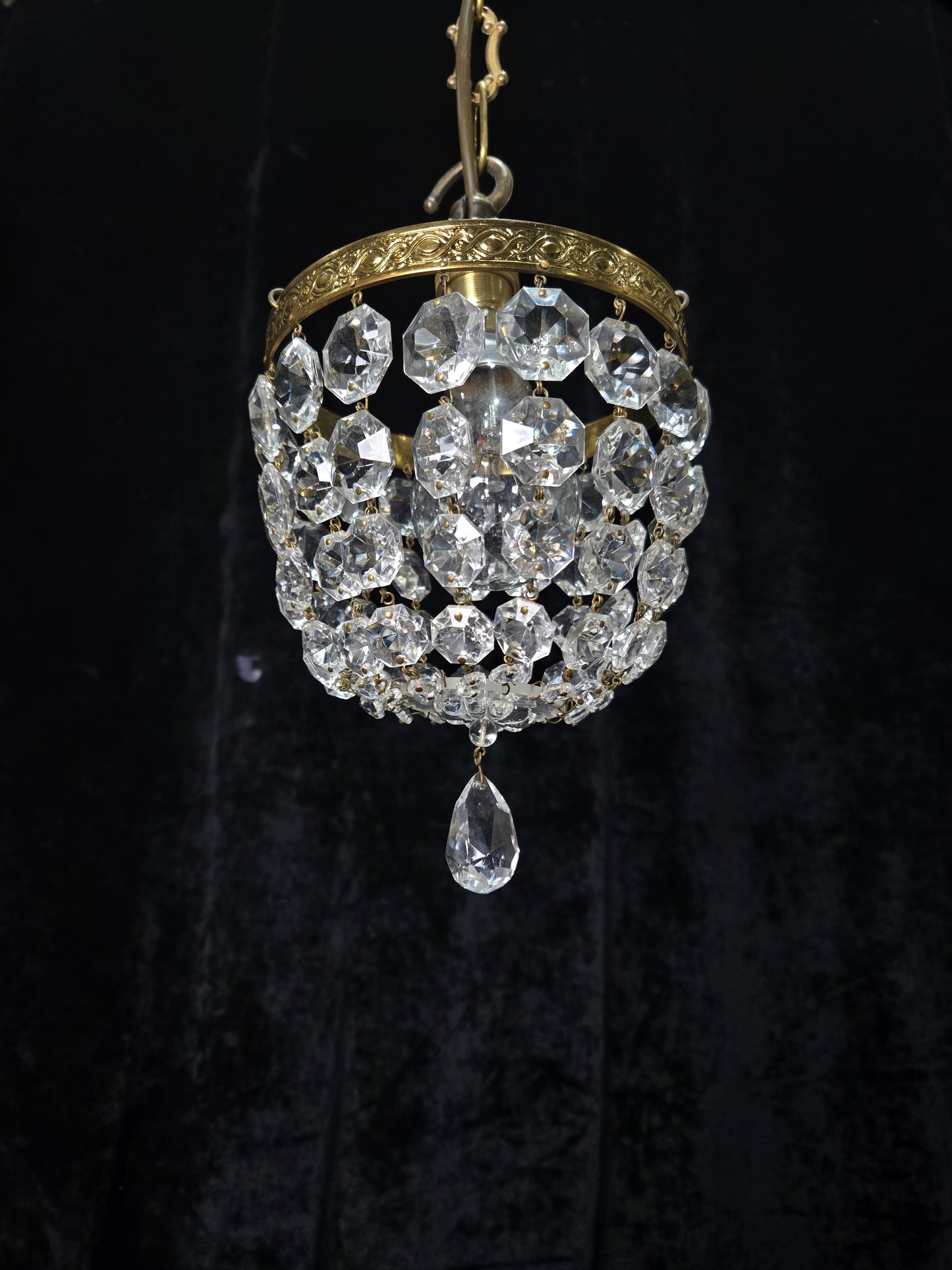 Petite Vintage French Crystal Half Bag Brass Leaf Chandelier Ceiling Light
