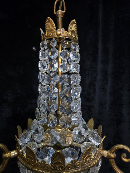 Traditional Vintage French 3 Arm Brass and Crystal Montgolfiere Bag Chandelier