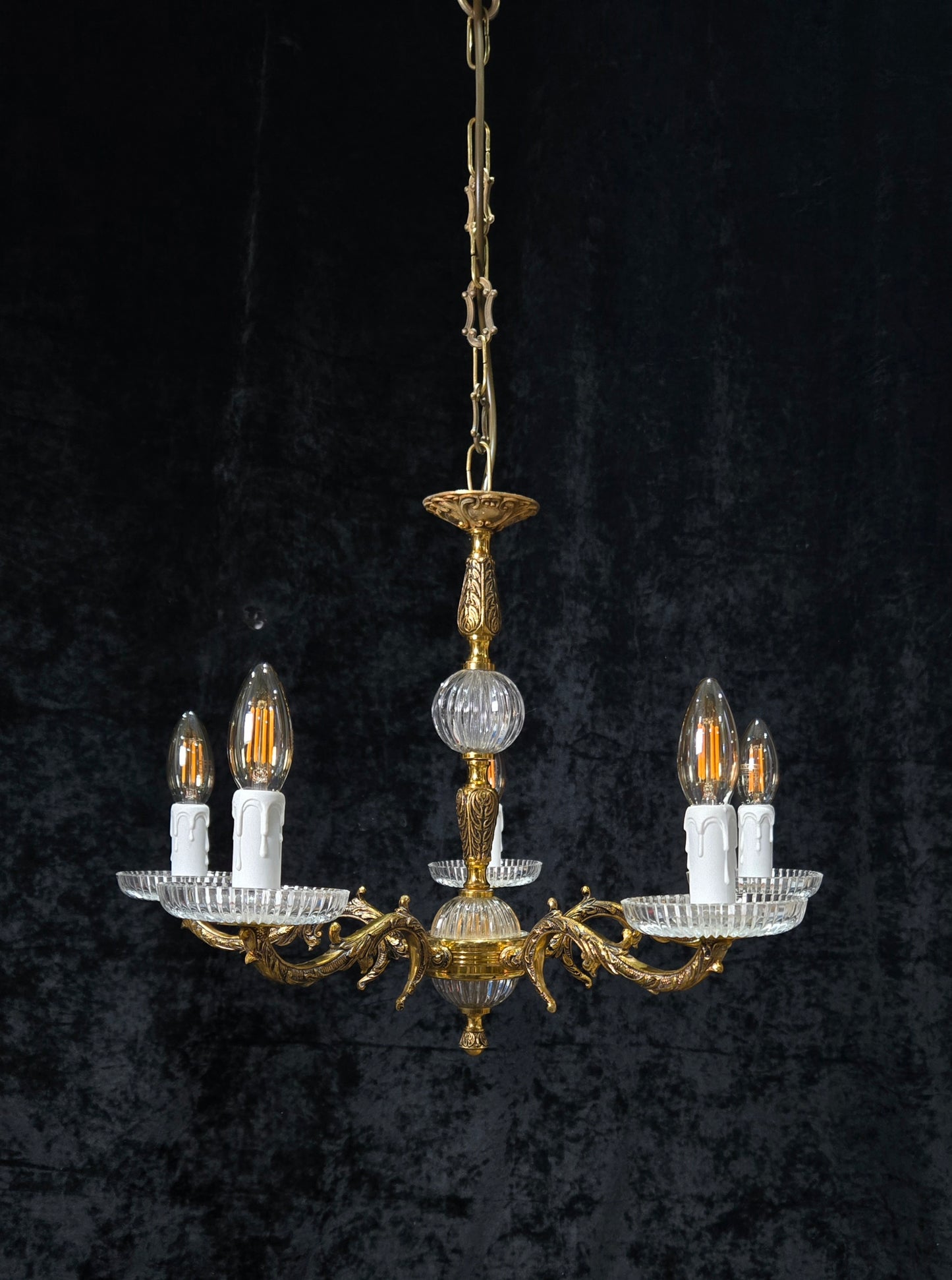 Classical Vintage 5 Arm Brass and Glass Chandelier Ceiling Light
