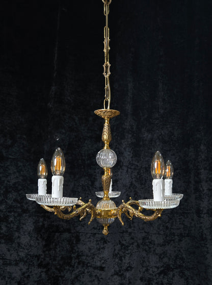 Classical Vintage 5 Arm Brass and Glass Chandelier Ceiling Light