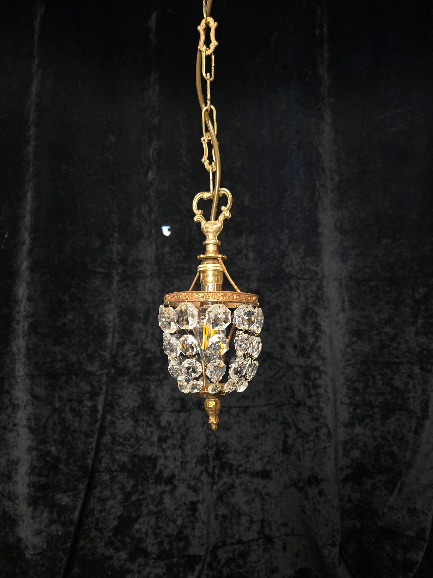 Petite Vintage French Crystal Half Bag Brass 1 Light Chandelier Ceiling Light