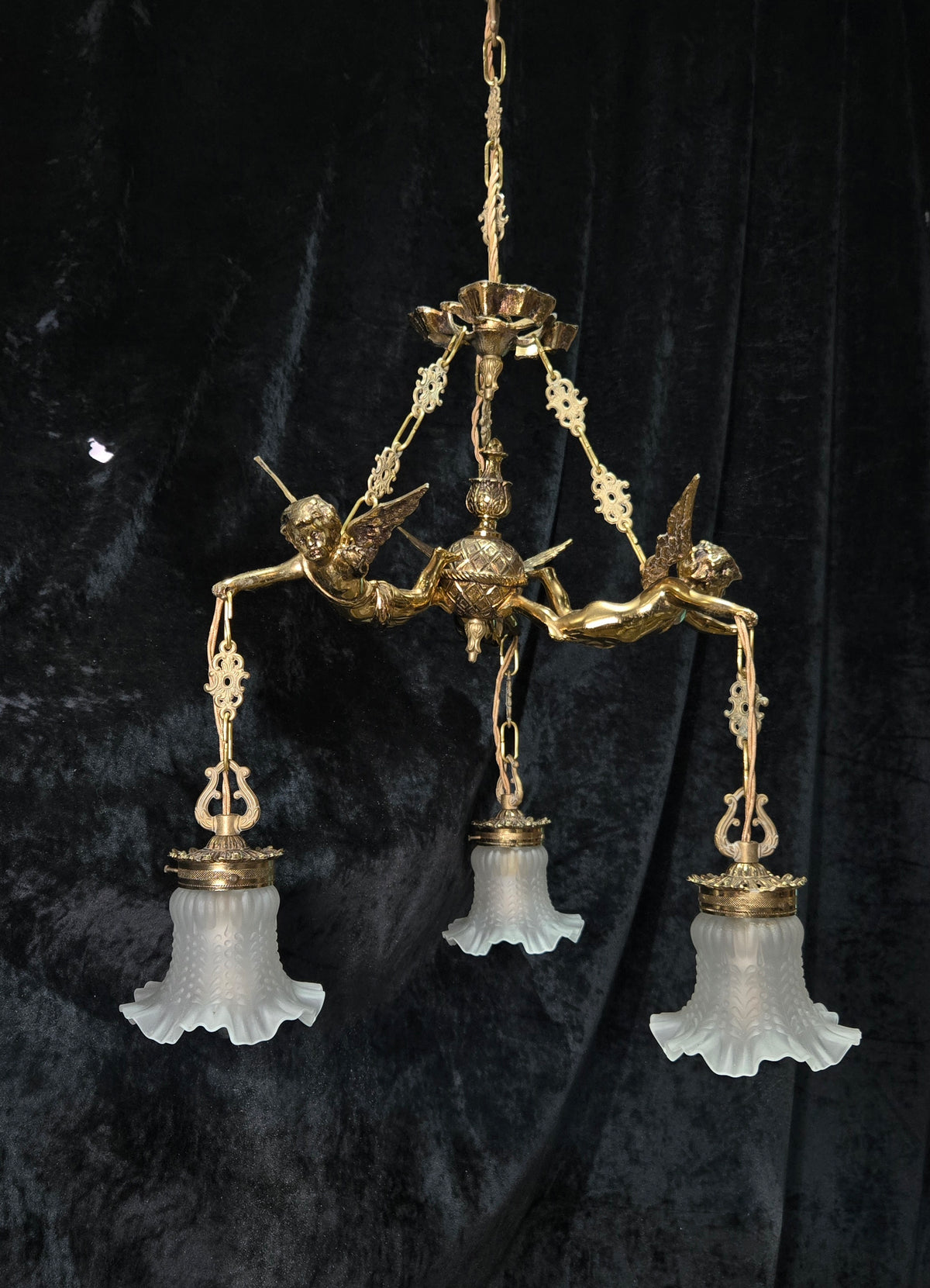 Fabulous Vintage French 3 Light Cherub Brass and Spelter Chandelier with Shades