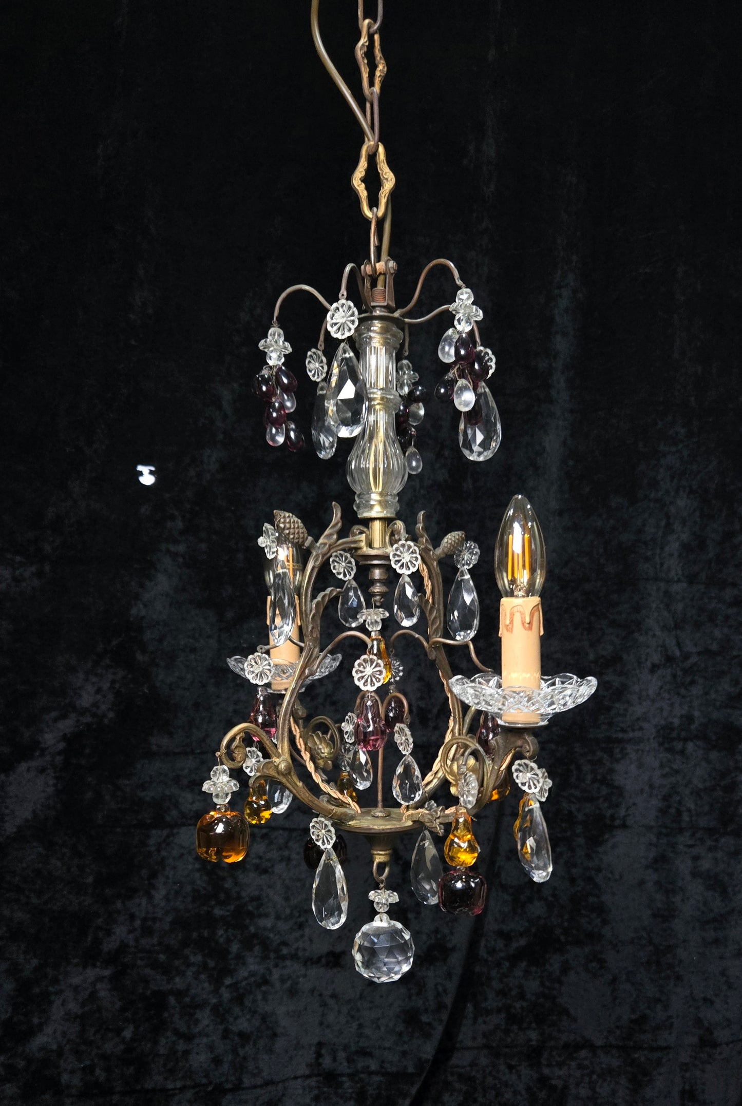 Exquisite Antique French 2 Arm Caged Murano Crystal Brass Chandelier Light