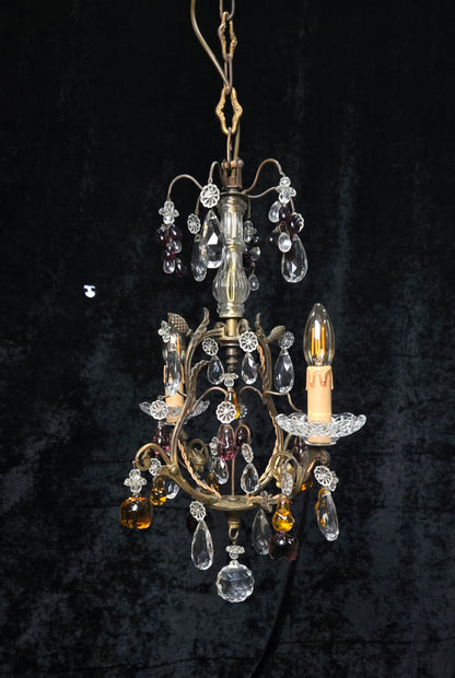 Exquisite Antique French 2 Arm Caged Murano Crystal Brass Chandelier Light