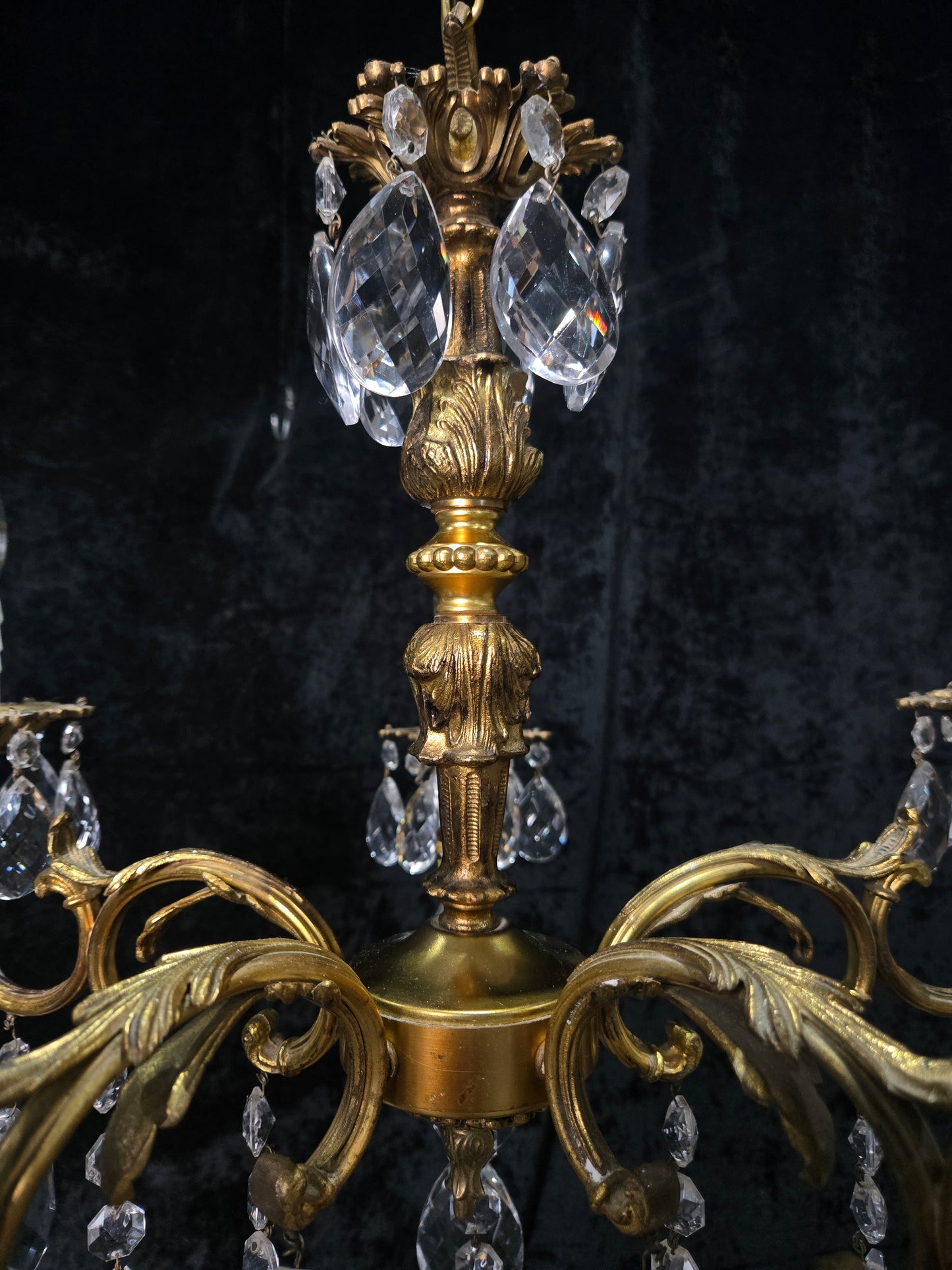 Fabulous Vintage French 5 Arm Brass Heavy Crystal Leaf Chandelier Ceiling Light