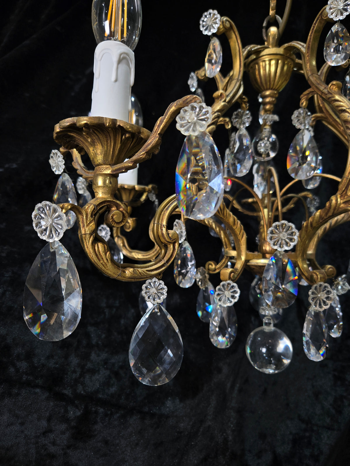 Traditional Antique French 5 Arm Heavy Bronze Cage Crystal Chandelier Light