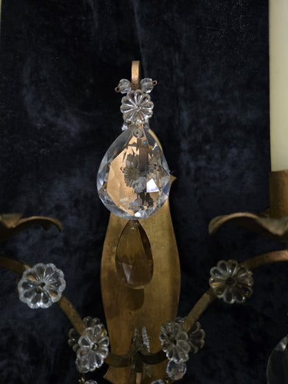 Fabulous Pair Vintage Italian 2 Arm Gilded Wrought Iron Crystal Candle Sconces