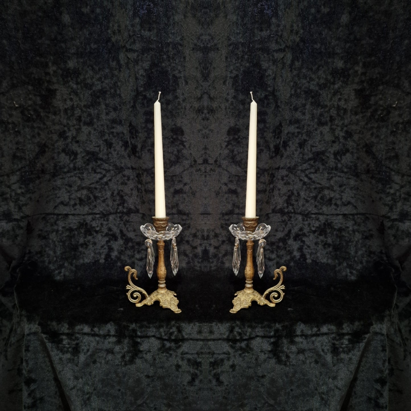 Lovely Pair of Elegant Vintage Italian Brass and Glass Crystal Candlesticks