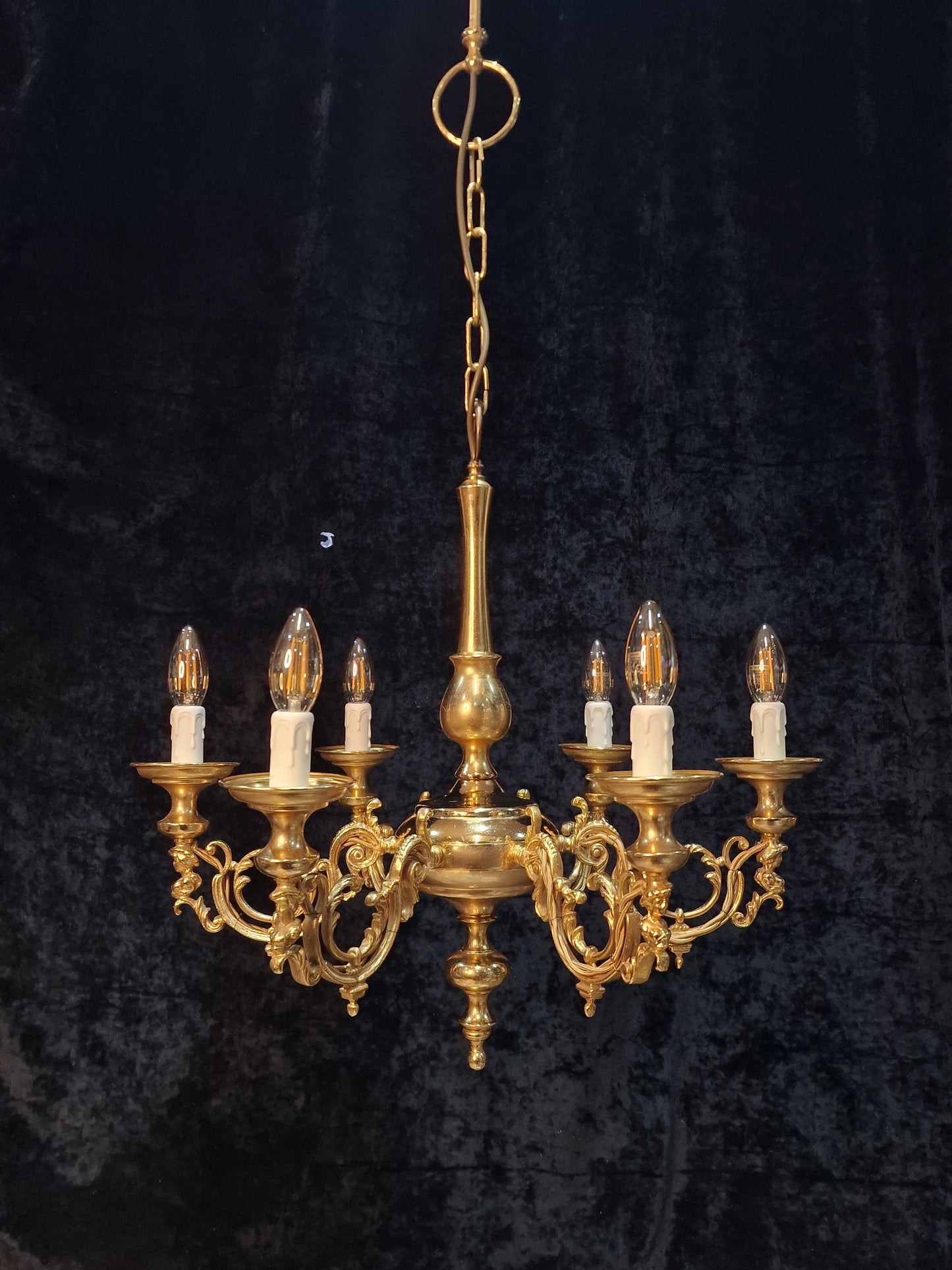 Traditional Vintage Italian Polished Brass 6 Arm Chandelier Ceiling Light