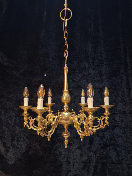 Traditional Vintage Italian Polished Brass 6 Arm Chandelier Ceiling Light