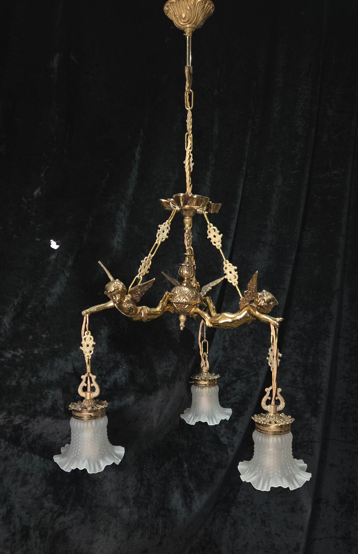 Fabulous Vintage French 3 Light Cherub Brass and Spelter Chandelier with Shades