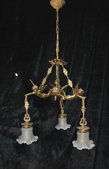 Fabulous Vintage French 3 Light Cherub Brass and Spelter Chandelier with Shades