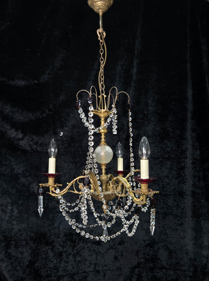 Stunning Antique French 3 Arm Glass Garnet Crystal Chandelier Ceiling Light