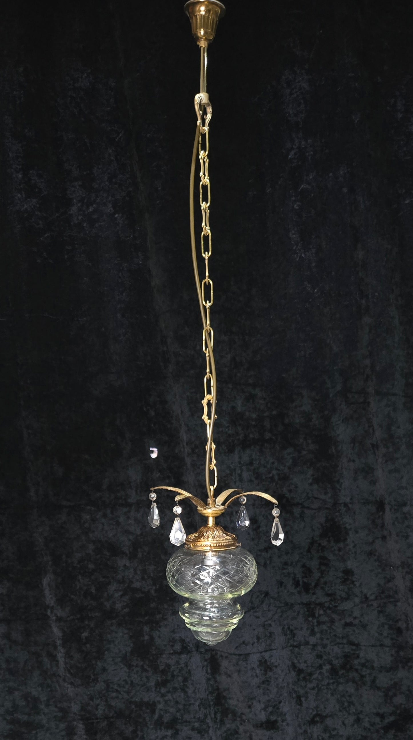 Lovely Vintage Clear Cut Glass Brass Crystal Leaf Hall Lantern Pendant Light