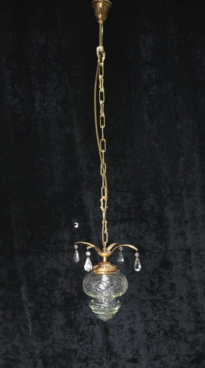 Lovely Vintage Clear Cut Glass Brass Crystal Leaf Hall Lantern Pendant Light