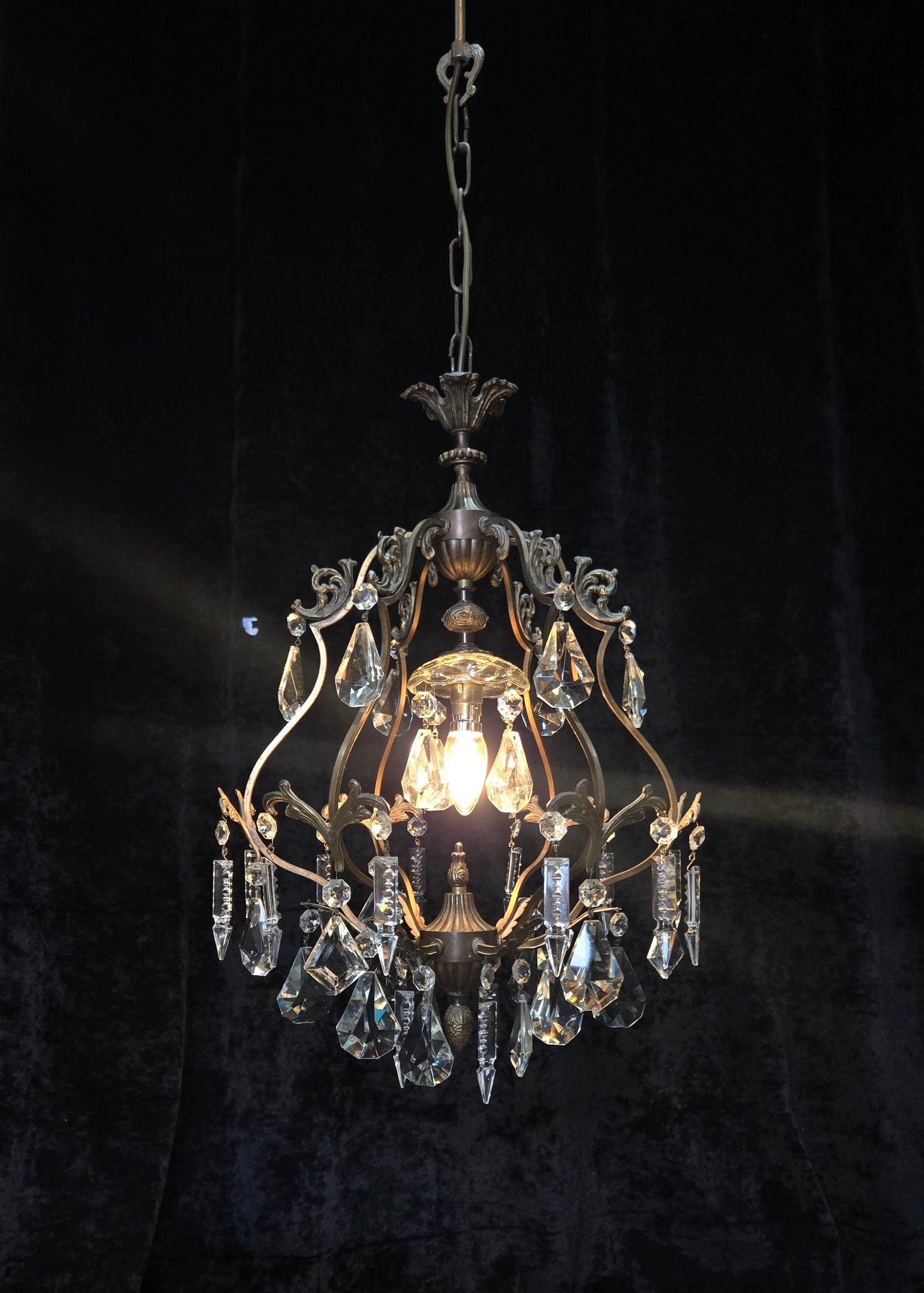 Elegant Vintage Italian 1 Light Cage Crystal Brass Chandelier Ceiling Light
