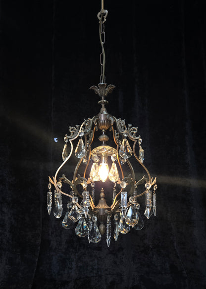 Elegant Vintage Italian 1 Light Cage Crystal Brass Chandelier Ceiling Light