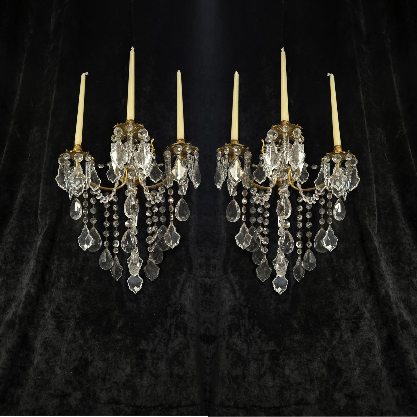 Superb Pair Large Vintage Italian Gilded Brass 3 Arm Candle Crystal Wall Lights