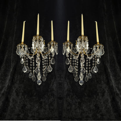 Superb Pair Large Vintage Italian Gilded Brass 3 Arm Candle Crystal Wall Lights