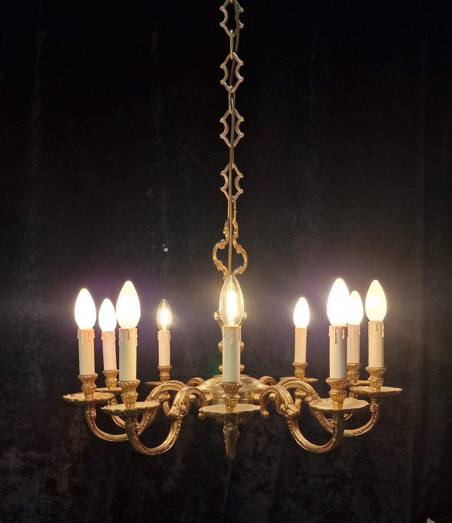 Stately Heavy Vintage French Empire Style 10 Arm Brass Chandelier Ceiling Light