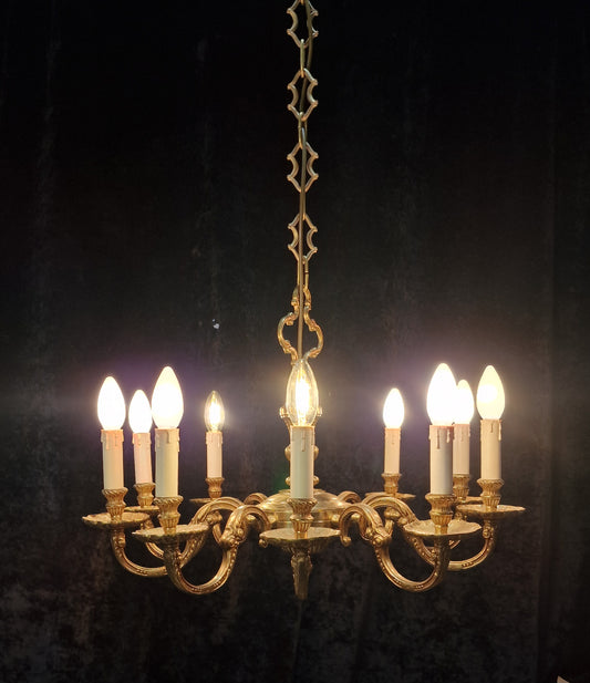 Stately Heavy Vintage French Empire Style 10 Arm Brass Chandelier Ceiling Light