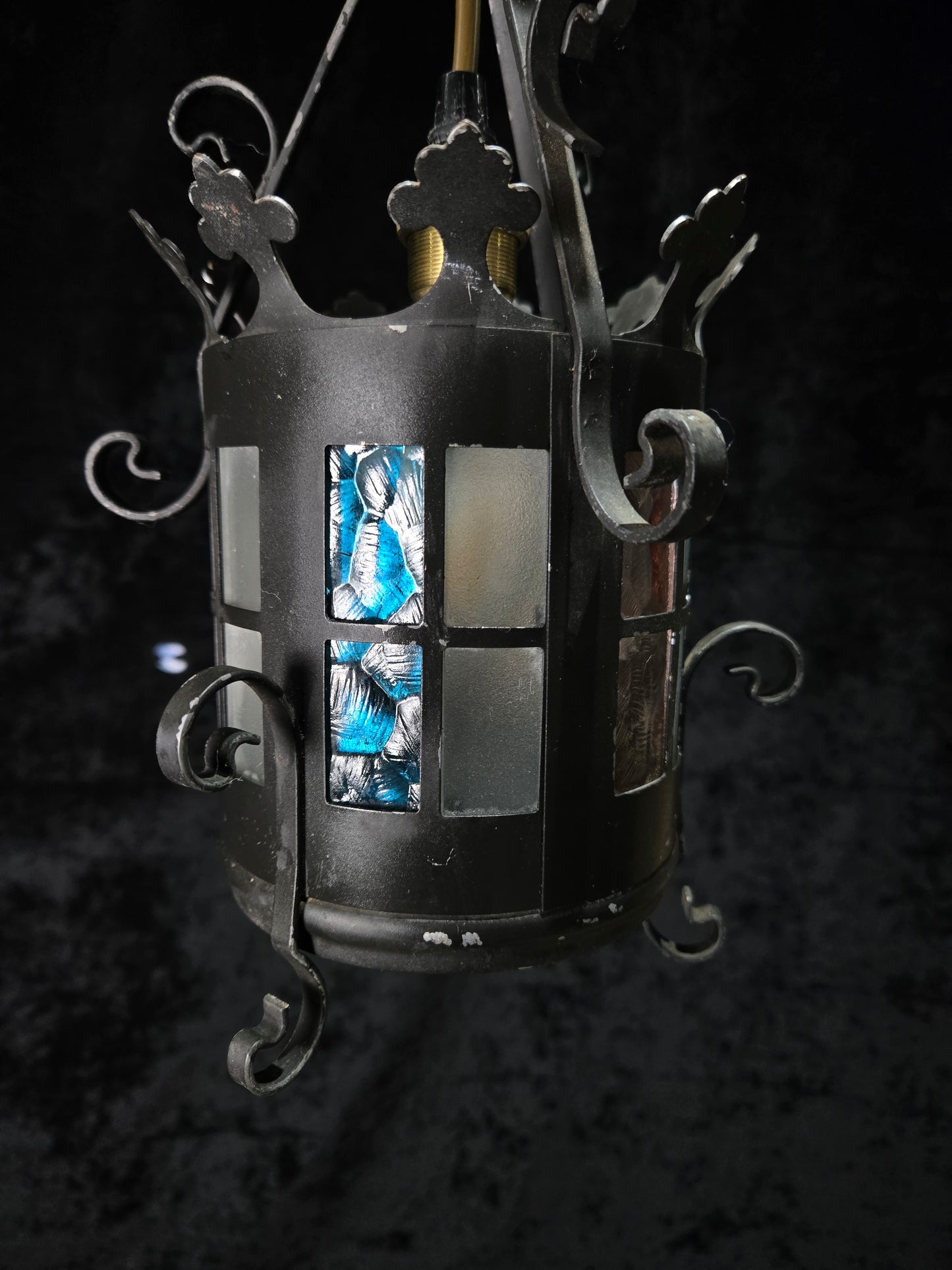 Lovely Petite Vintage French Wrought Iron Gothic Coloured Glass Lantern Light