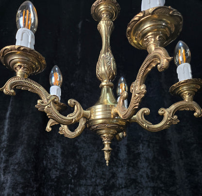 Classical Vintage French 5 Arm Brass Rococo Style Chandelier Ceiling Light