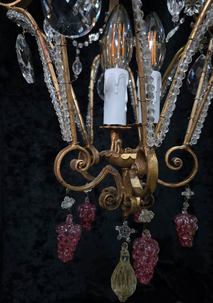 Fabulous Vintage Italian 3 Arm Caged Florentine Flower Crystal Chandelier Light