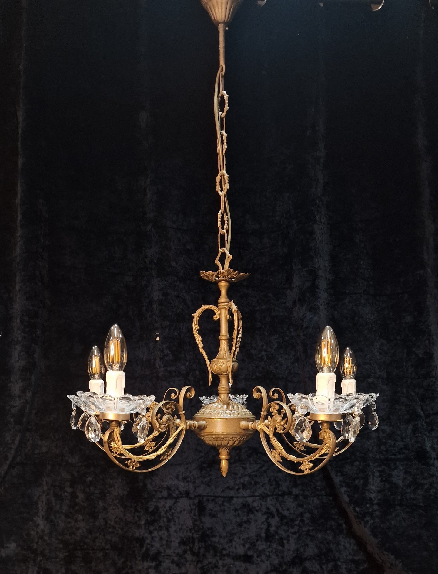 Beautiful 5 Arm Vintage Italian Brass and Crystal Dolphin Chandelier Light