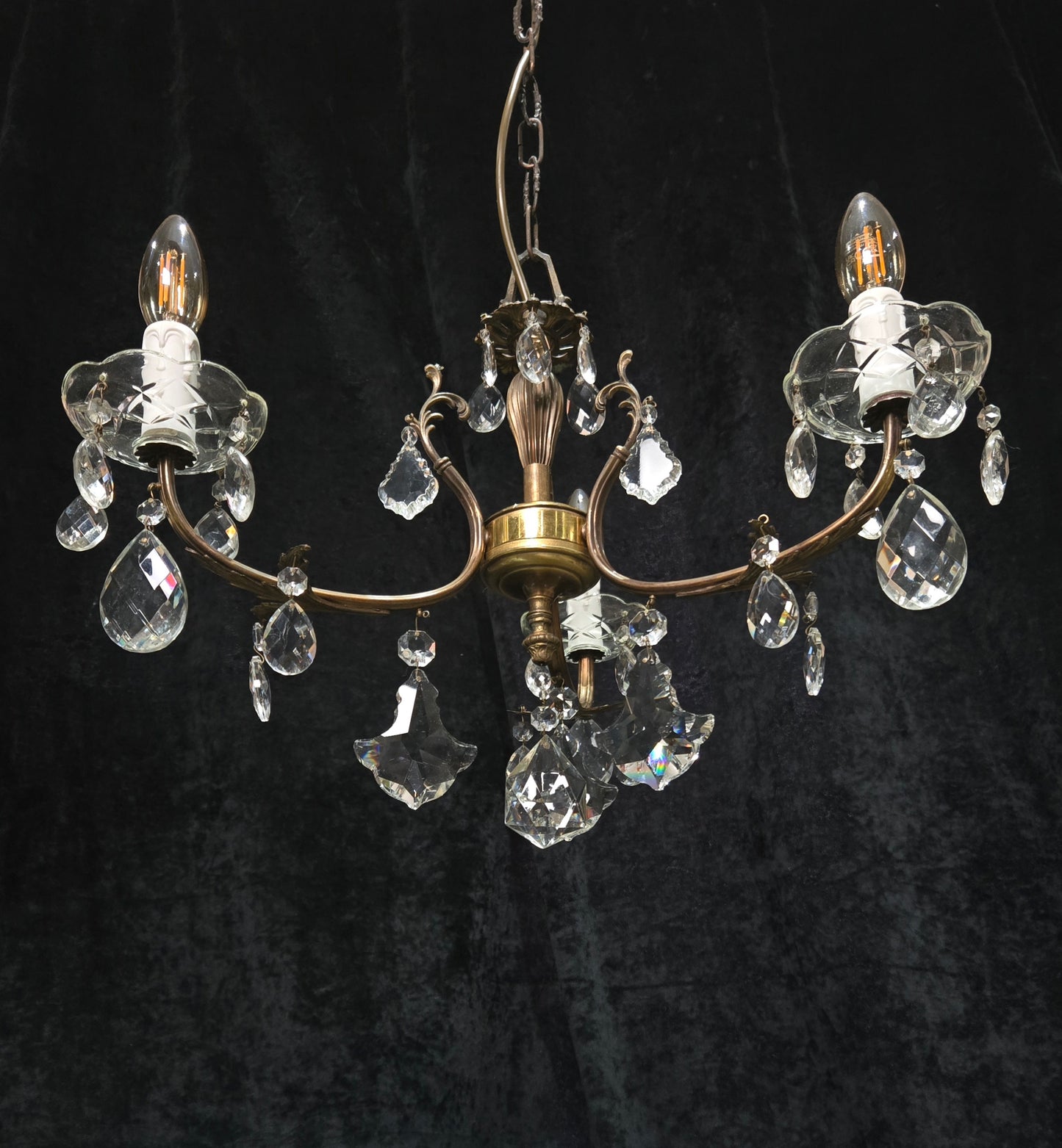 Lovely Vintage Italian 3 Arm Brass Foliage Crystal Chandelier Ceiling Light
