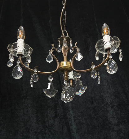 Lovely Vintage Italian 3 Arm Brass Foliage Crystal Chandelier Ceiling Light