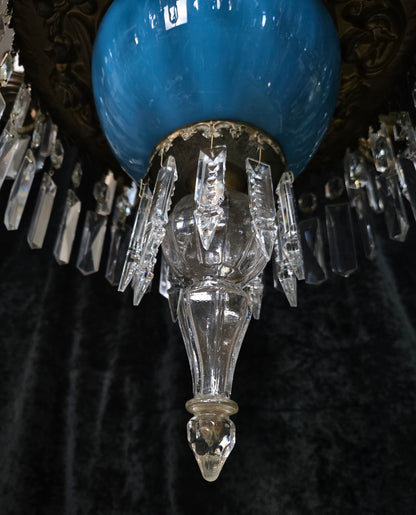 Exceptional Antique French Late 1800s 9 Arm Brass Blue Glass Crystal Chandelier