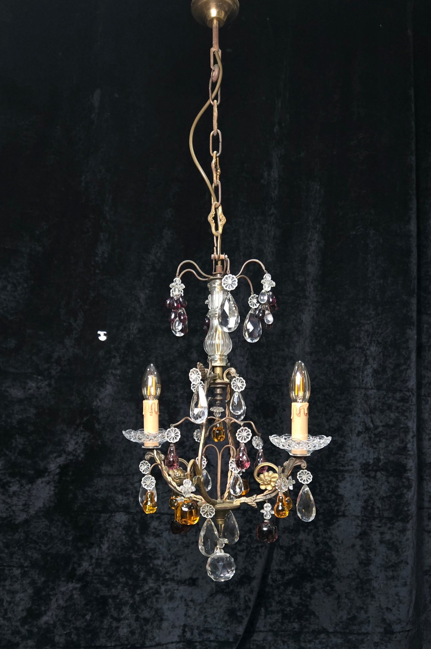 Exquisite Antique French 2 Arm Caged Murano Crystal Brass Chandelier Light