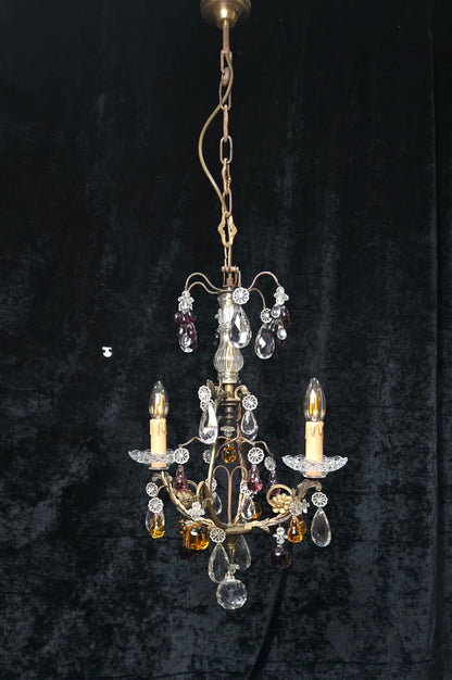 Exquisite Antique French 2 Arm Caged Murano Crystal Brass Chandelier Light
