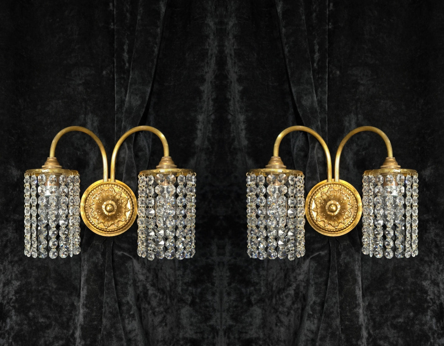 Beautiful Pair of Vintage French 2 Arm Brass Wall Lights with Crystal Shades