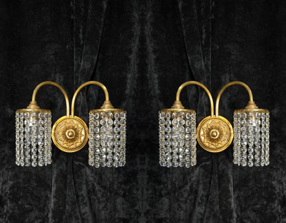Beautiful Pair of Vintage French 2 Arm Brass Wall Lights with Crystal Shades