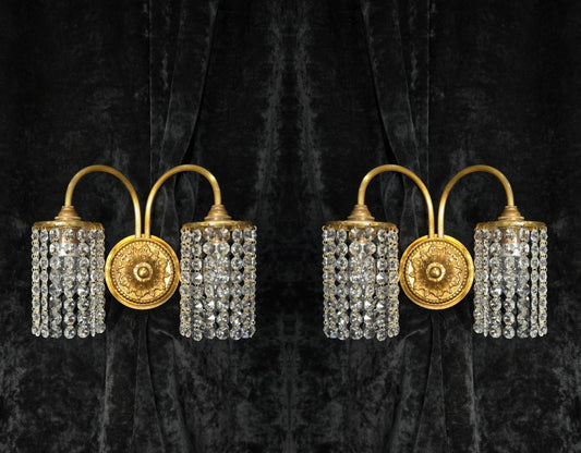 Beautiful Pair of Vintage French 2 Arm Brass Wall Lights with Crystal Shades