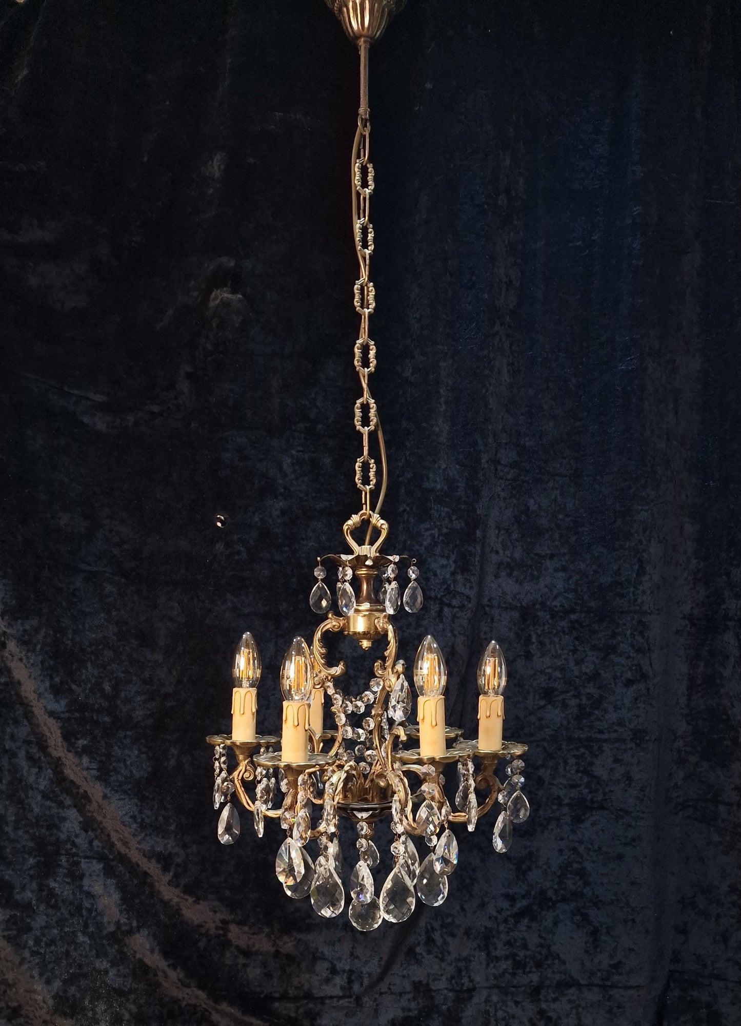 Beautiful Vintage French 6 Arm Brass Caged Crystal Chandelier Ceiling Light