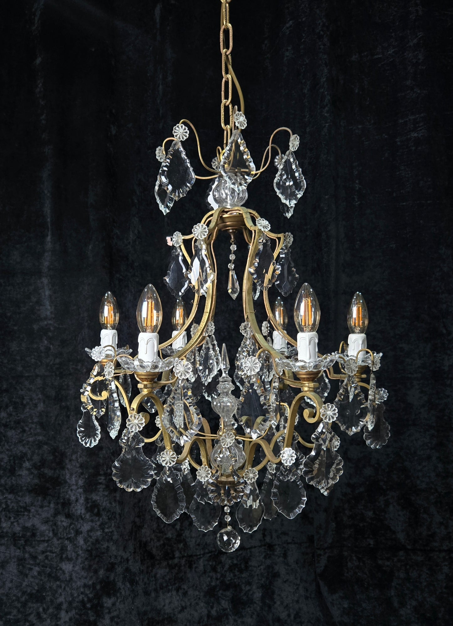 Classical Antique French 6 Arm Caged Bronze Crystal Chandelier Ceiling Light