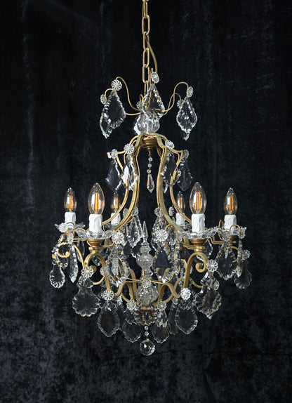 Classical Antique French 6 Arm Caged Bronze Crystal Chandelier Ceiling Light