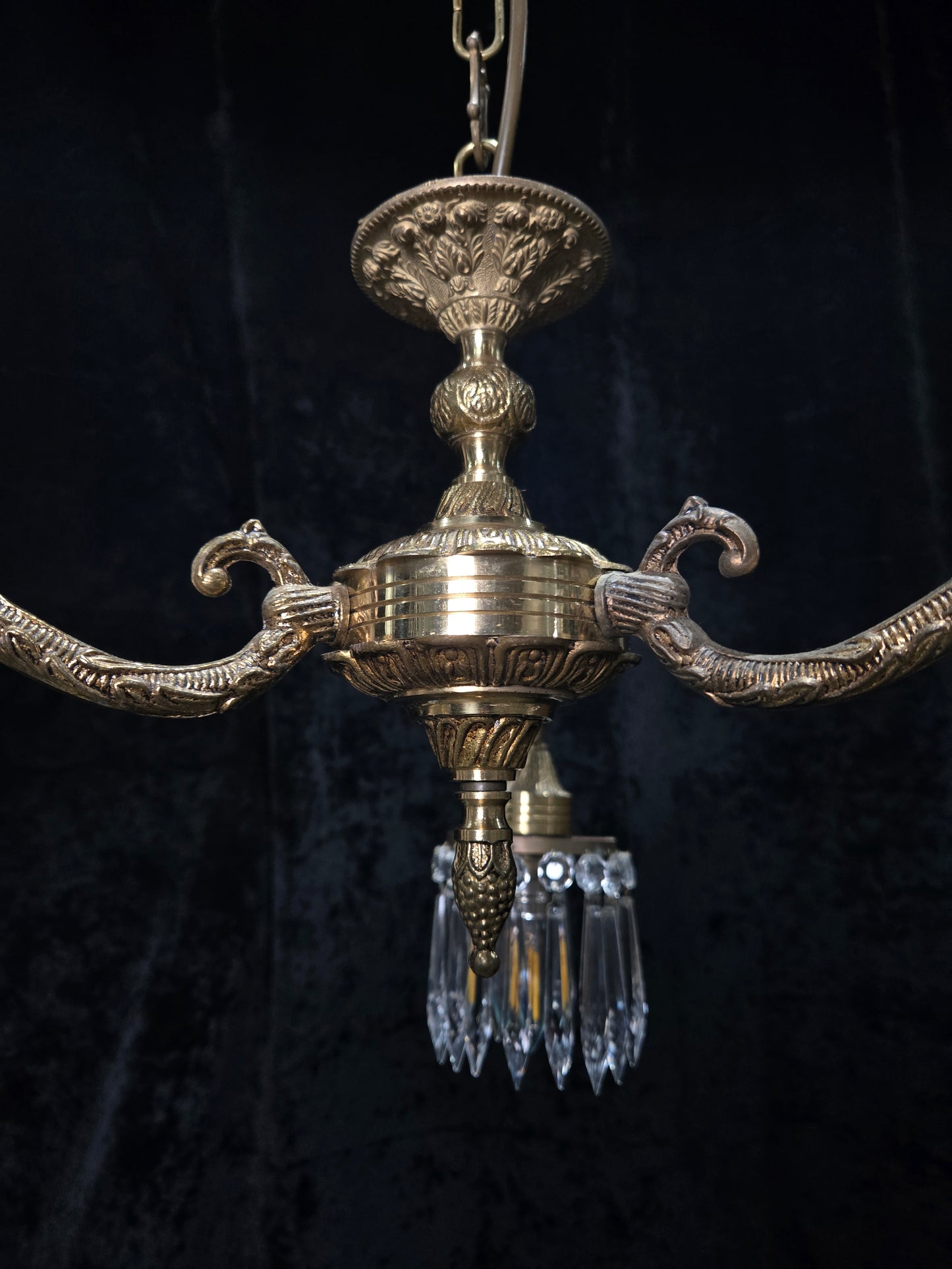 Lovely Vintage Italian 3 Arm Brass Crystal Chandelier Ceiling Light