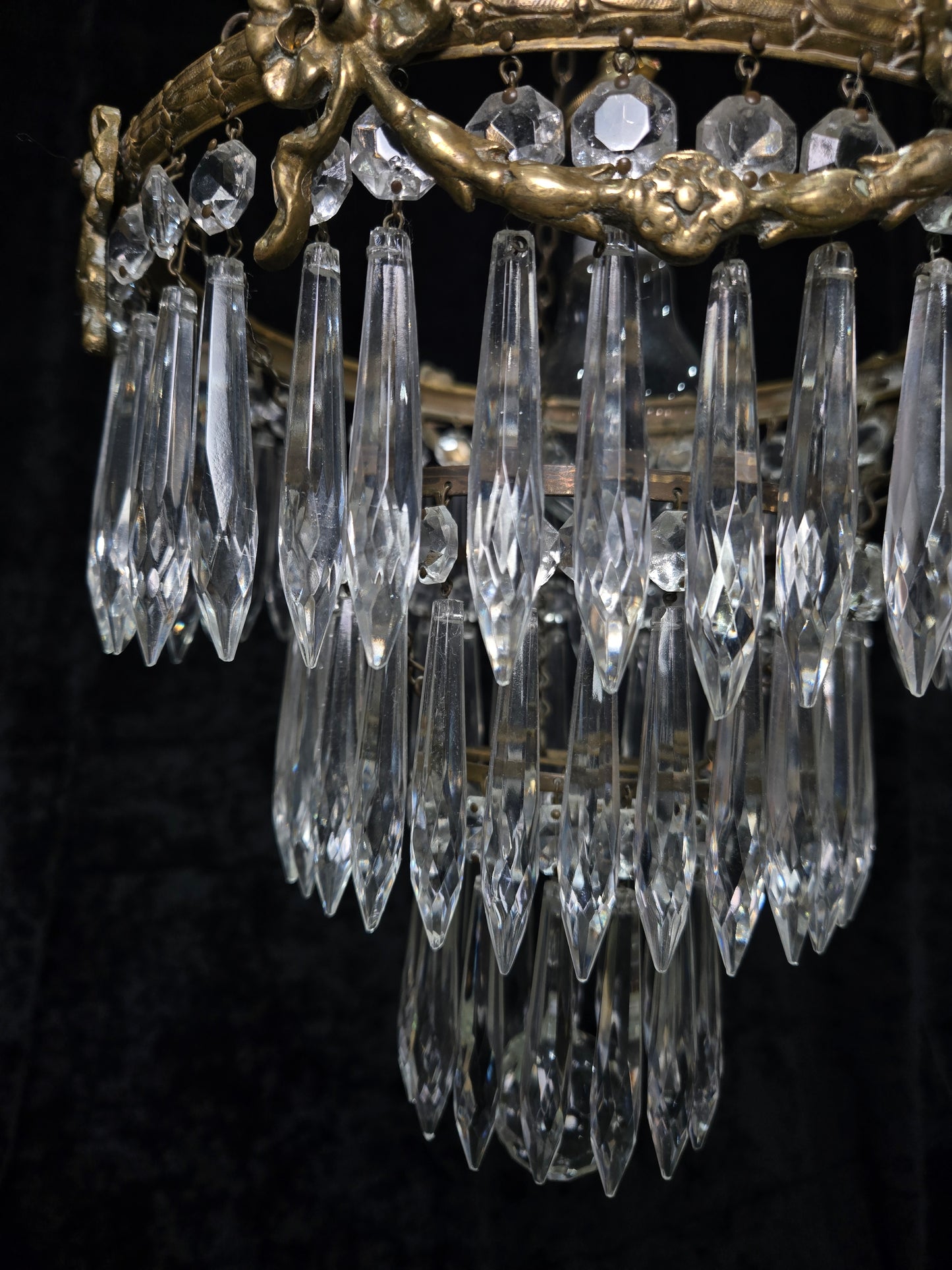 Fabulous Antique French Empire Style Brass Crystal Bows Chandelier Ceiling Light