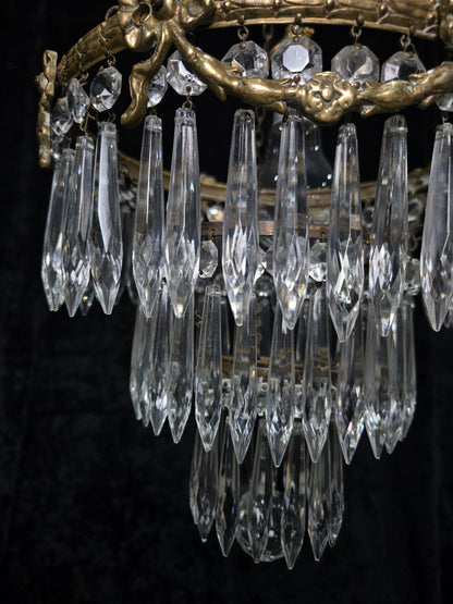 Fabulous Antique French Empire Style Brass Crystal Bows Chandelier Ceiling Light